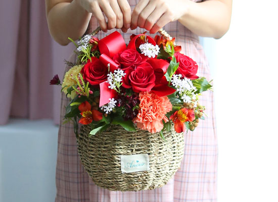 전국으로 꽃 보내세요 - 귀여운 꽃바구니(빨강) 꽃집 꽃배달